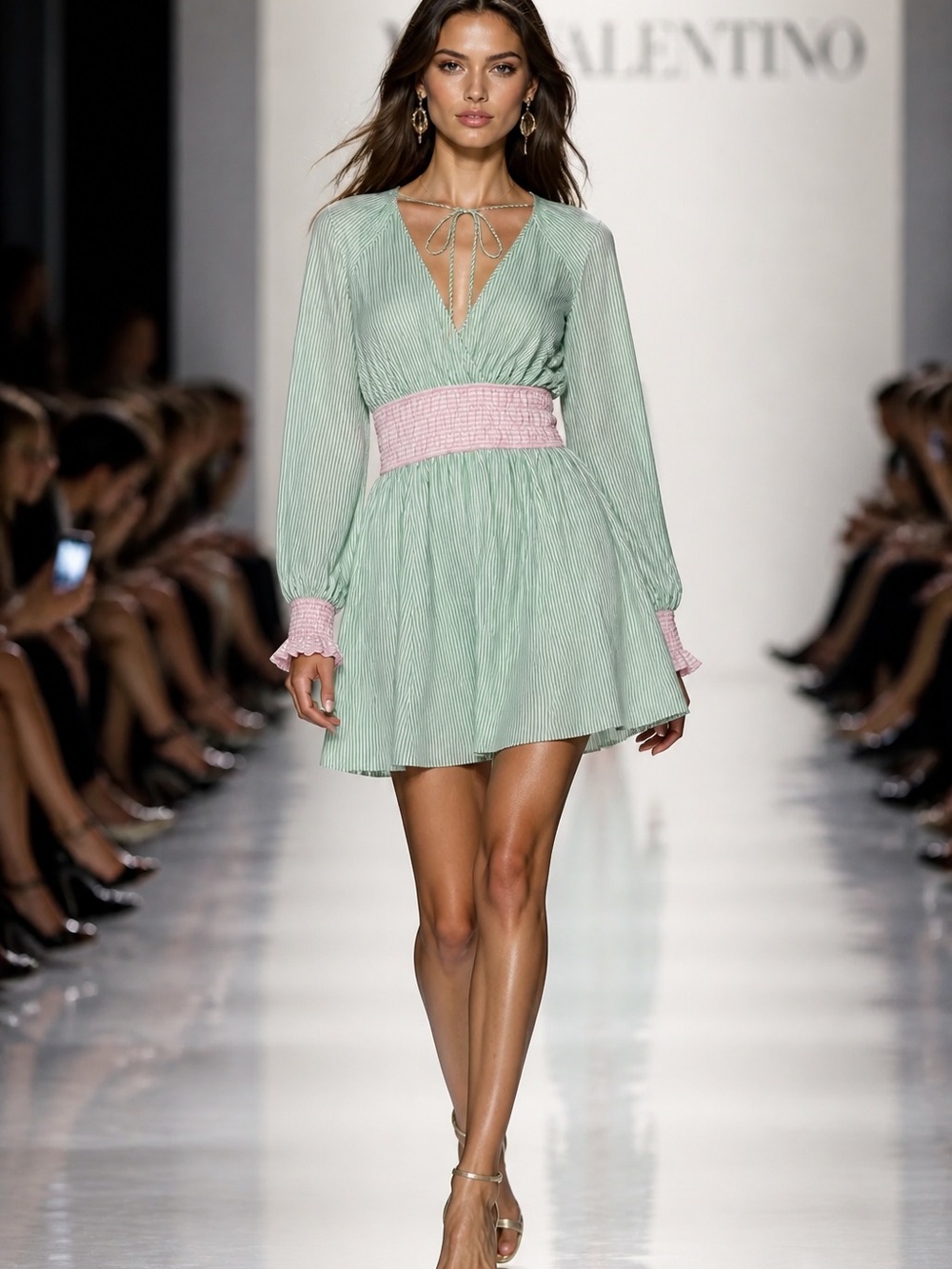 Mint Green Long-Sleeve Mini Dress with Pink Waistband